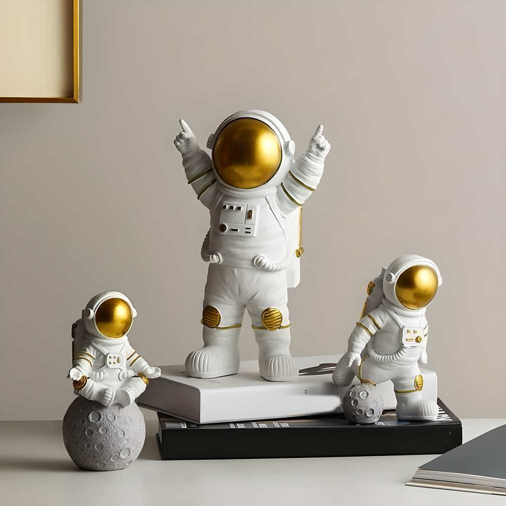 Astronaut Spaceman Statue Ornament Home Office Desktop Figurine Decors Set of 3 - Golden - Essence by LaxAar