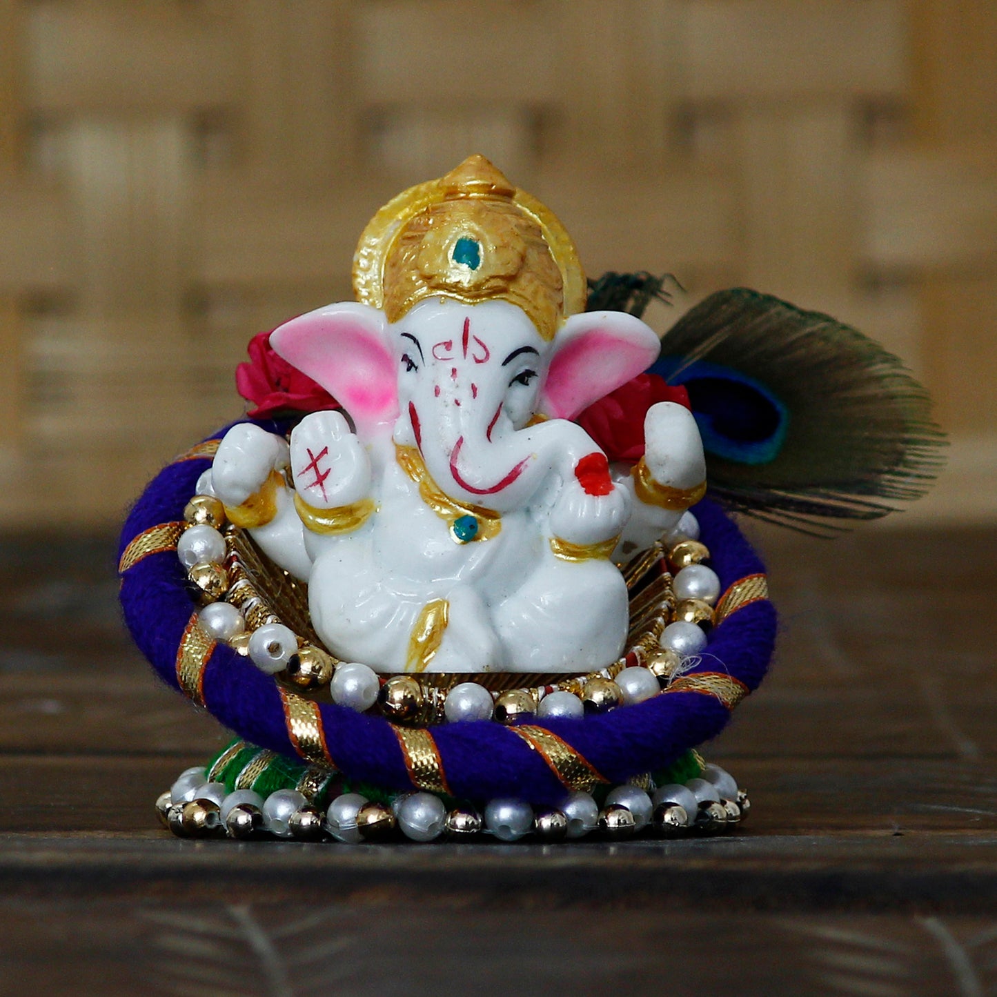 Lord Ganesha Idol on Decorative Handcrafted Floral Plate for Home and Car - Essence by LaxAar