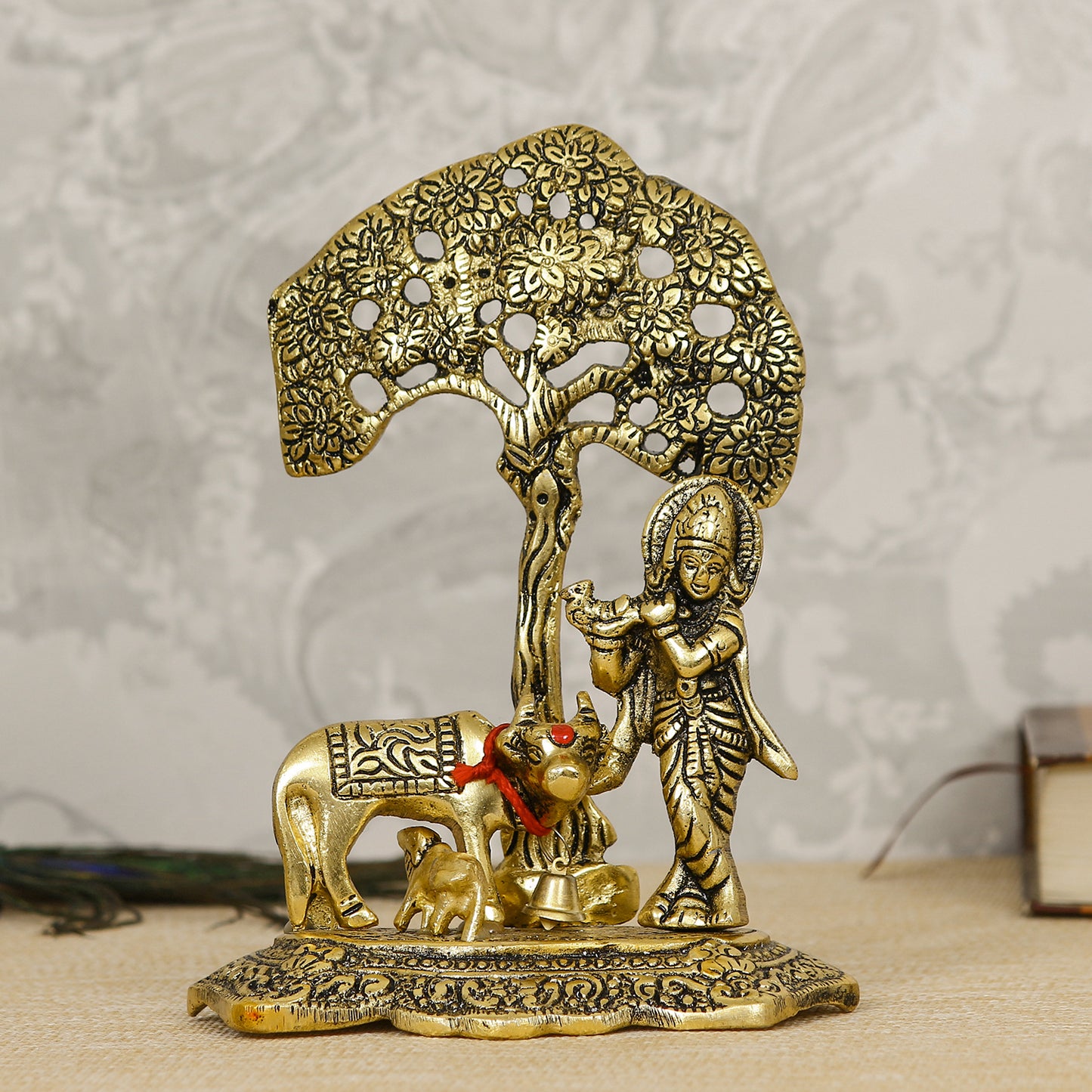 Lord Krishna playing Flute under Tree with Golden Cow and Calf Aluminium Showpiece - Essence by LaxAar