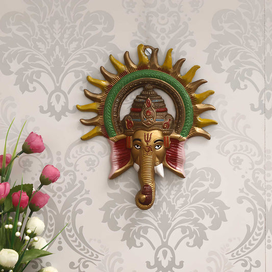 Colorful Lord Ganesha with Sun Decorative Metal Wall Hanging