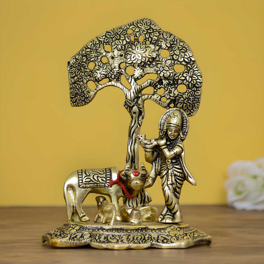 Lord Krishna playing Flute under Tree with Golden Cow and Calf Aluminium Showpiece