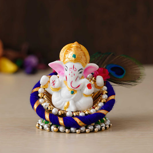 Lord Ganesha Idol on Decorative Handcrafted Floral Plate for Home and Car