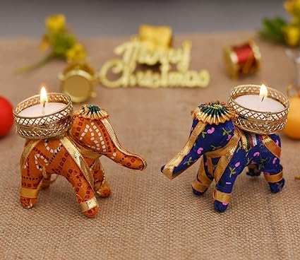 Diwali - Handcrafted Elephant Tealight candle holder - Pack of 6(Multi color) with Free Box of Premium Scented Candles (10-pack) worth ₹100