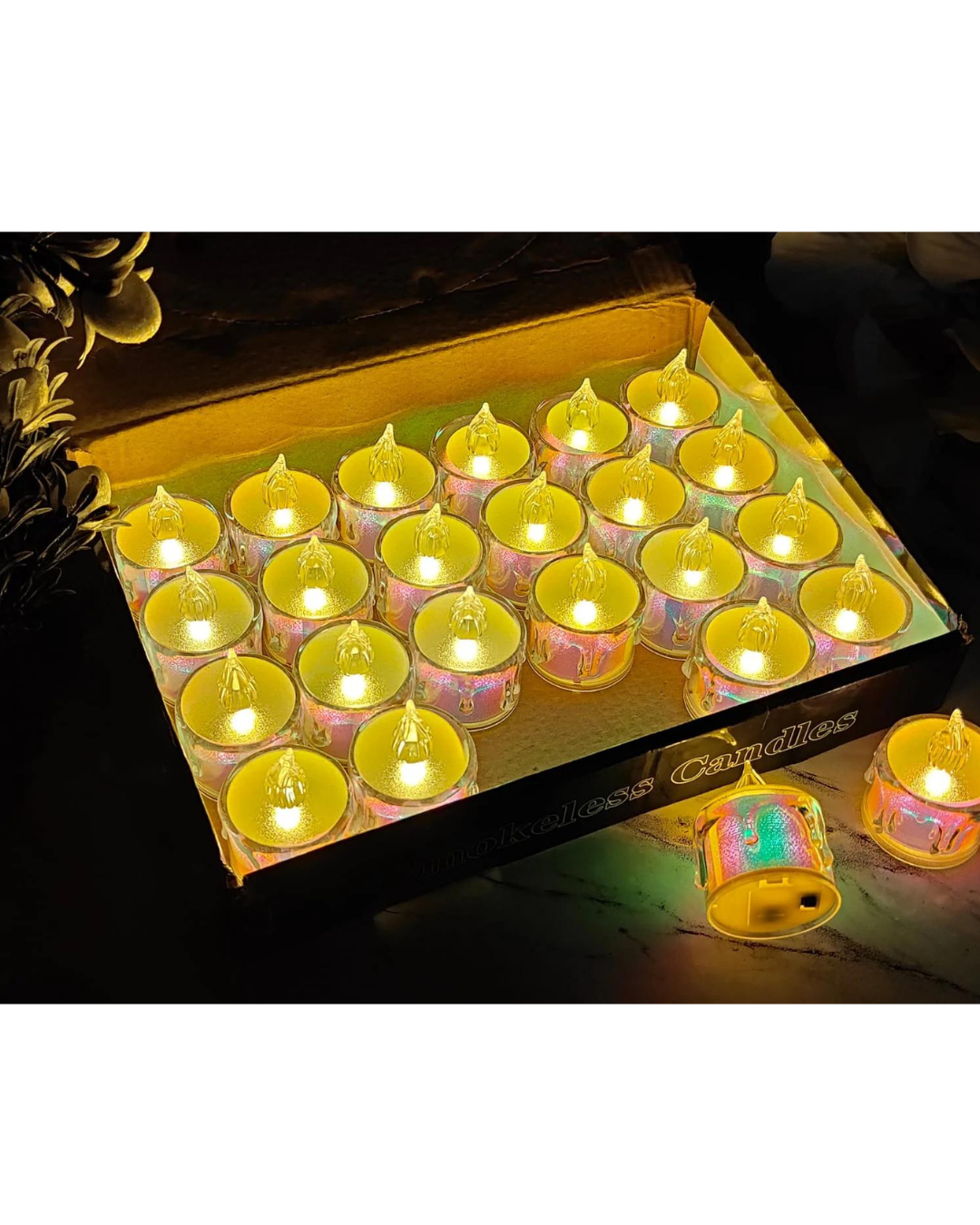 Reusable Diwali Diyas: Crystal LED Tea Light Candles – Smokeless, Flameless Battery-Powered Acrylic Lights (24-Piece Set)