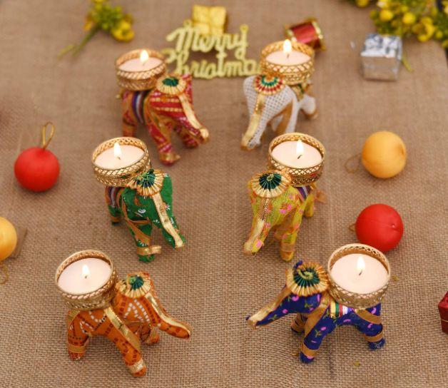 Diwali - Handcrafted Elephant Tealight candle holder - Pack of 6(Multi color) with Free Box of Premium Scented Candles (10-pack) worth ₹100